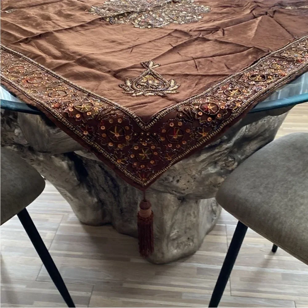 Elegant Brown Embroidered/embellished Tablecloth